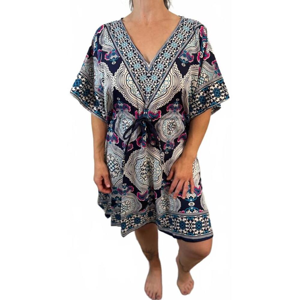 NWT Boho Style Blue Black Caftan Swim Beach Cover up Tunic Dress L XL XXL OS